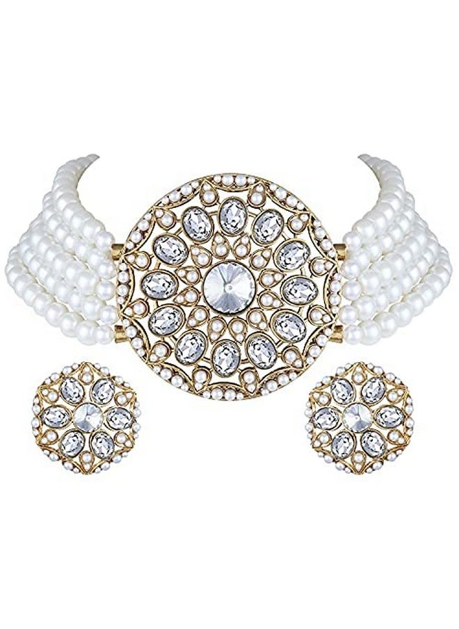 Aheli - Kundan Pearl Choker Multi Layered Beaded Necklace Earrings Set Indian Traditional Wedding Jewelry For Women Girls (White) - Image 1