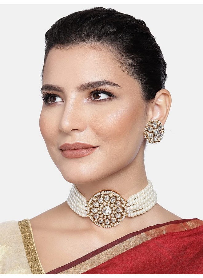 Aheli - Kundan Pearl Choker Multi Layered Beaded Necklace Earrings Set Indian Traditional Wedding Jewelry For Women Girls (White) - Image 1