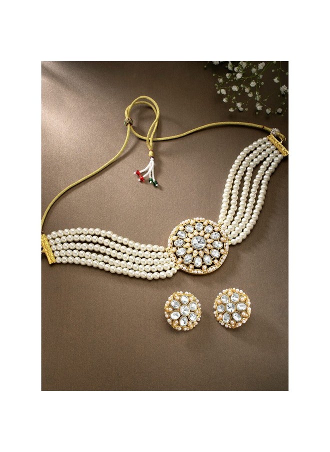 Aheli - Kundan Pearl Choker Multi Layered Beaded Necklace Earrings Set Indian Traditional Wedding Jewelry For Women Girls (White) - Image 1
