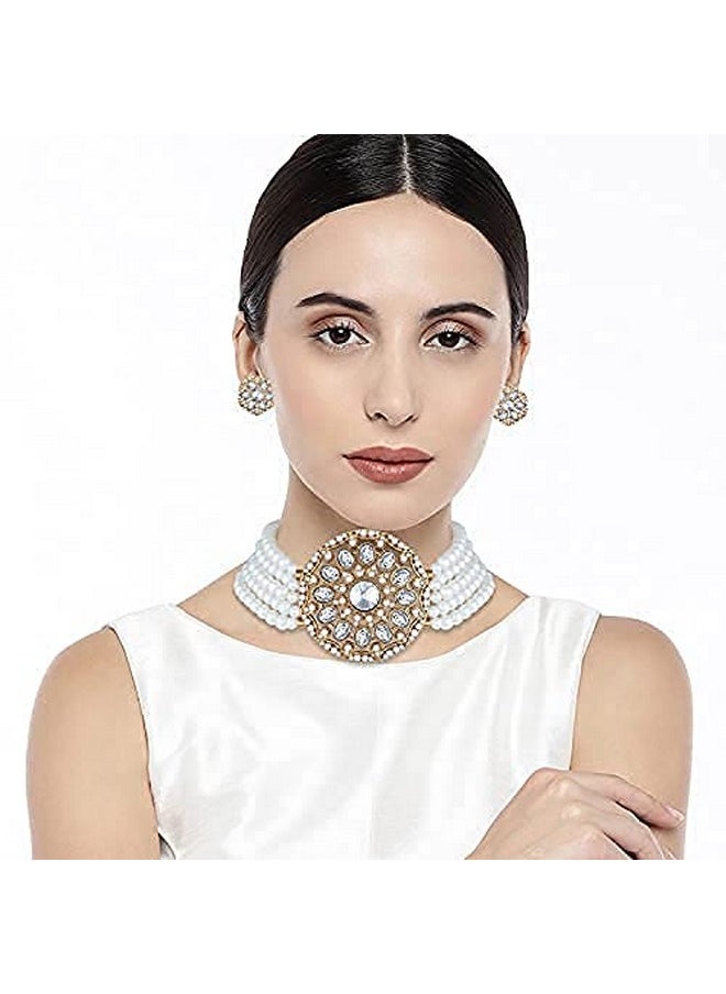 Aheli - Kundan Pearl Choker Multi Layered Beaded Necklace Earrings Set Indian Traditional Wedding Jewelry For Women Girls (White) - Image 1