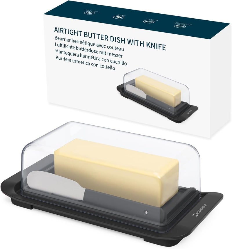 KITCHENDAO Airtight Butter Dish with Lid and Knife, Plastic Butter Dish for Countertop and Refrigerator, Keep Butter Fresh, Easy Scoop-Dishwasher Safe-butter Tray for West/ East Coast Butter, Black - Image 1