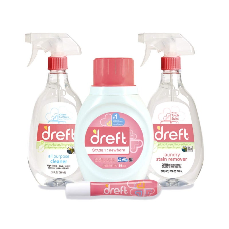 Dreft طقم هدايا الأطفال من دريفت، طقم هدايا للأم والطفل مع منظف سائل للغسيل، مزيل للبقع، قلم مزيل للبقع ورذاذ منظف متعدد الاستخدامات، رائع لحفلات استقبال المواليد - Image 1
