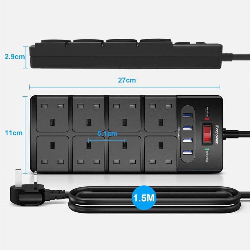 IECOPOWER 8 Way Extension Lead Surge Protection, 1050 Joules, 13A/ 3250W Power Strip Surge Protector with 4 USB Slots, Wall Mount Multi Socket Plug Extension Cord 1.5m Black - Image 5