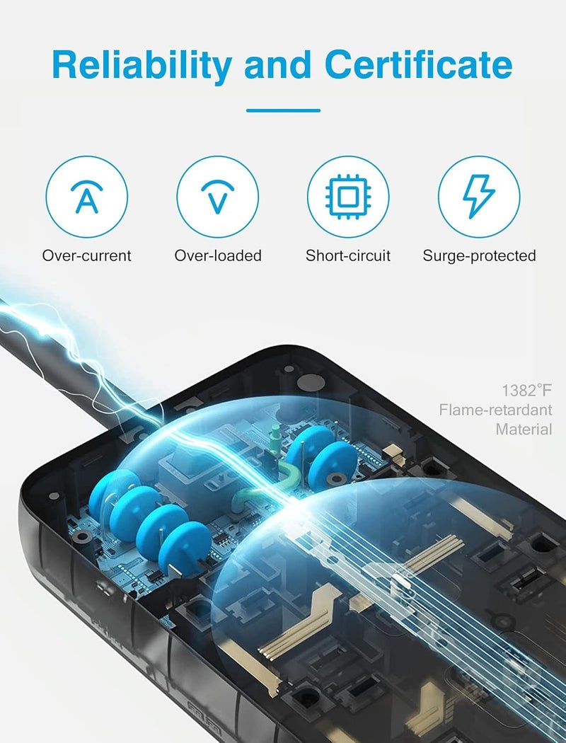 IECOPOWER 8 Way Extension Lead Surge Protection, 1050 Joules, 13A/ 3250W Power Strip Surge Protector with 4 USB Slots, Wall Mount Multi Socket Plug Extension Cord 1.5m Black - Image 3