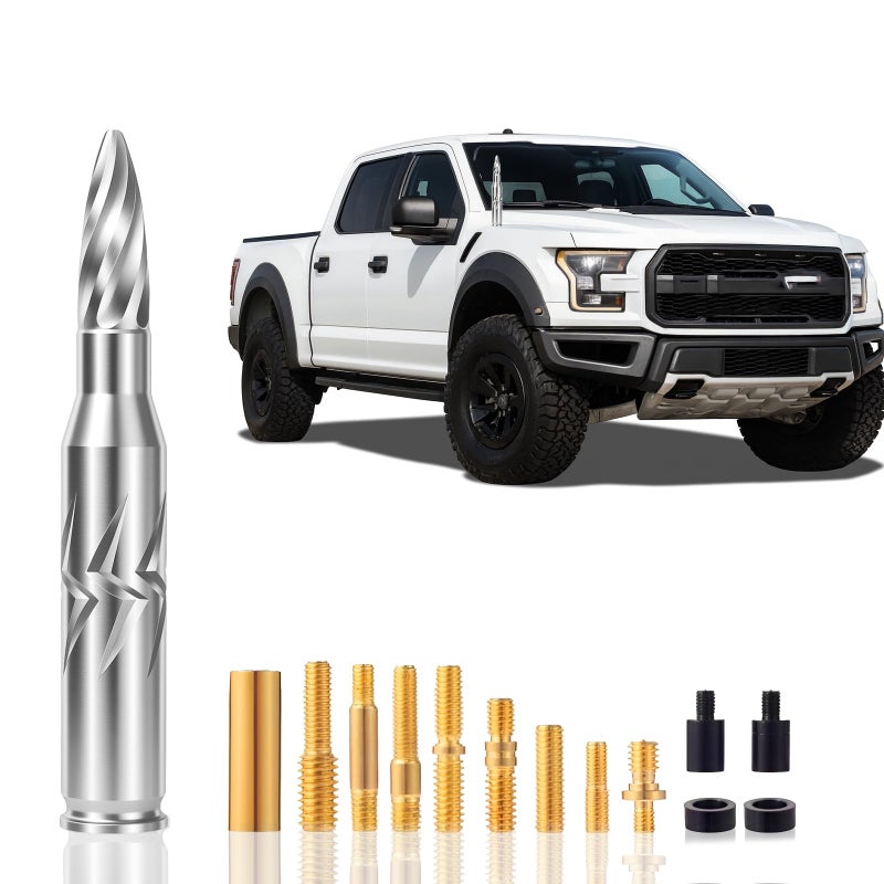 Lenareli 5.5in Chrome Bullet Antenna 50 Cal Truck Antenna Fittingsï¼Œ Fit for Ford F150 F250 F350 Raptor/Dodge RAM 1500 2500 3500/Chevrolet Silverado & GMC Majority Short Replacement Antenna (Chrome) - Image 1