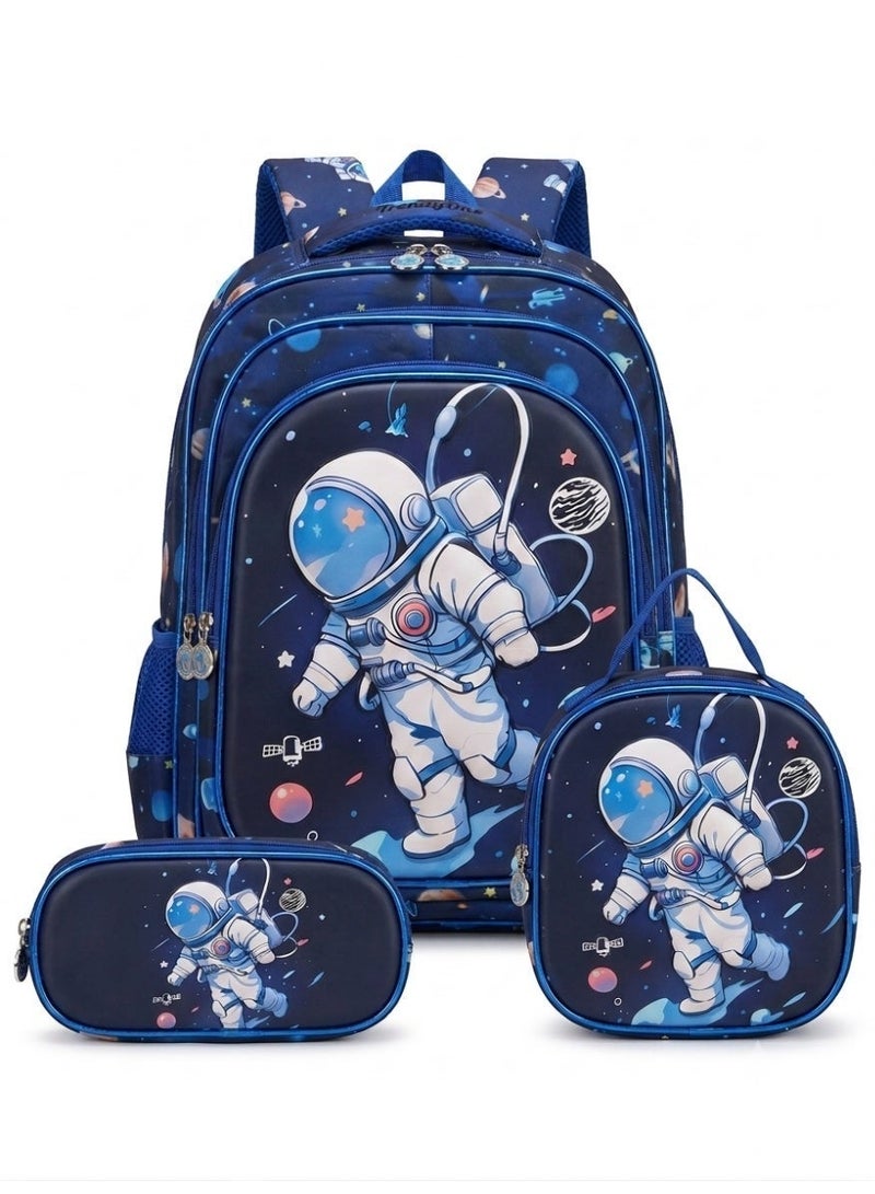 school bag set with lunch bag and pencil case ,astronaut space theme,blue,44x34x20 cm ,large capacity,3 piece - Image 1