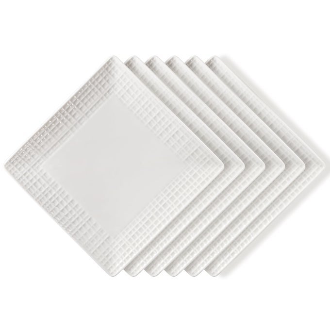 SQUARE DINNER PLATES SET OF 6 6 INCH WHITE CERAMIC EMBOSSED CRISSCROSS SAFE FOR DISHWASHER MICROWAVE AND OVEN