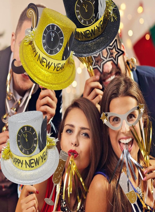 لاكيي مستلزمات حفلات رأس السنة 2025 - 6 قطع من قبعات علوية لامعة باللون الأسود والفضي والذهبي مزينة بالريش - قبعات احتفالات رأس السنة - Image 4