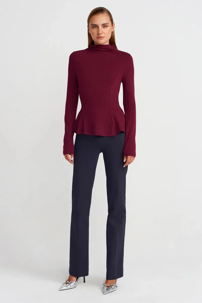 Dilvin Burgundy Red DILVIN Fitted Half-Turtleneck Peplum Blouse for Women | Best Price UAE