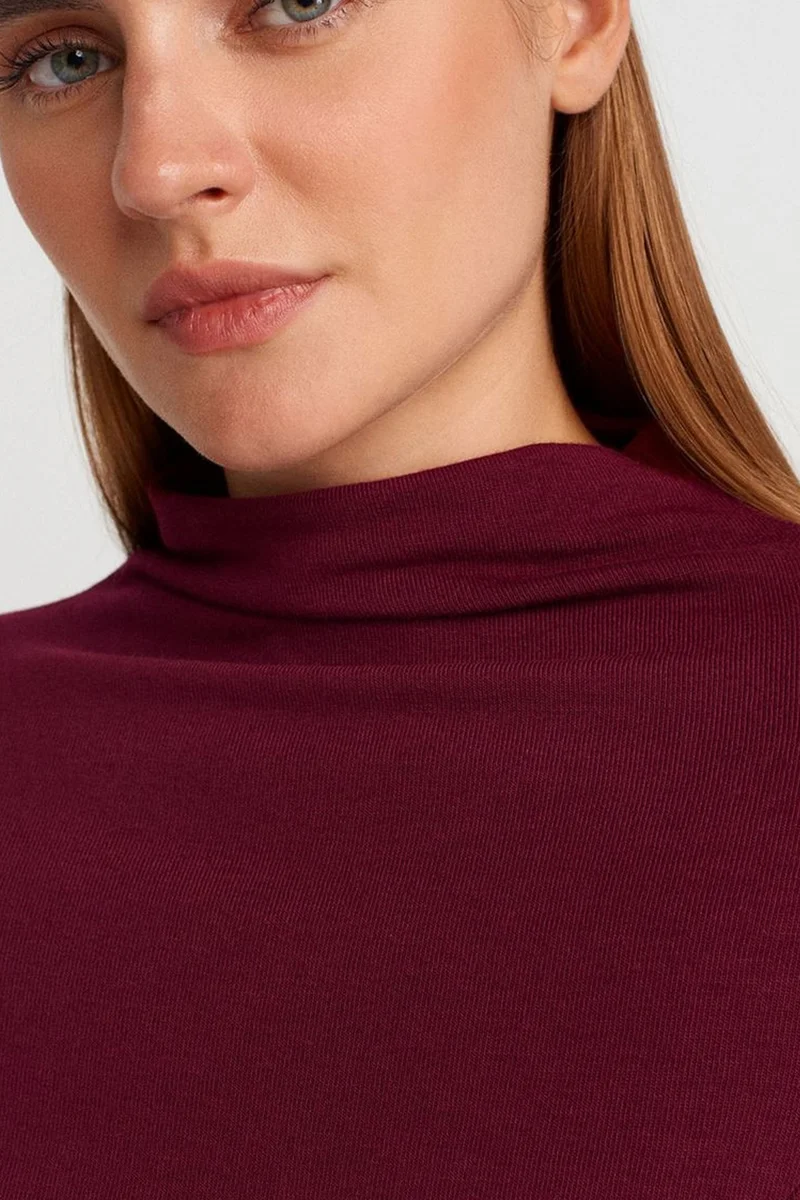 Dilvin Burgundy Red DILVIN Fitted Half-Turtleneck Peplum Blouse for Women | Best Price UAE