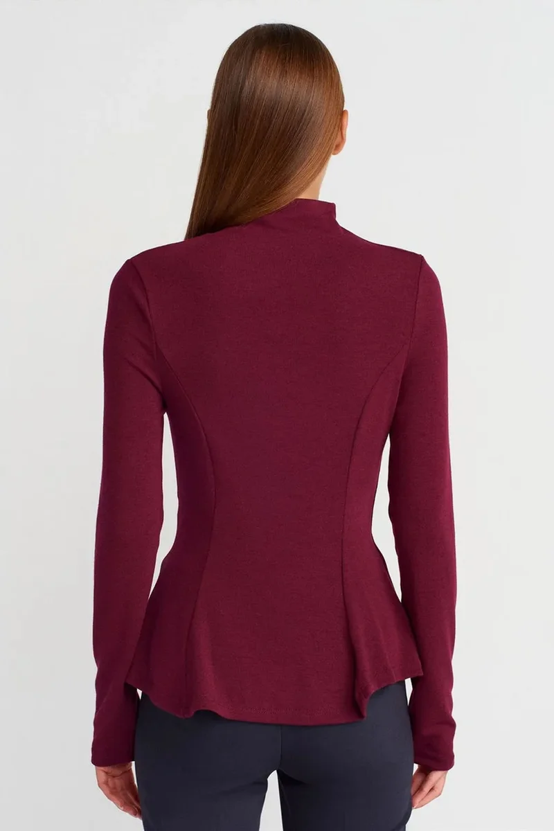 Dilvin Burgundy Red DILVIN Fitted Half-Turtleneck Peplum Blouse for Women | Best Price UAE
