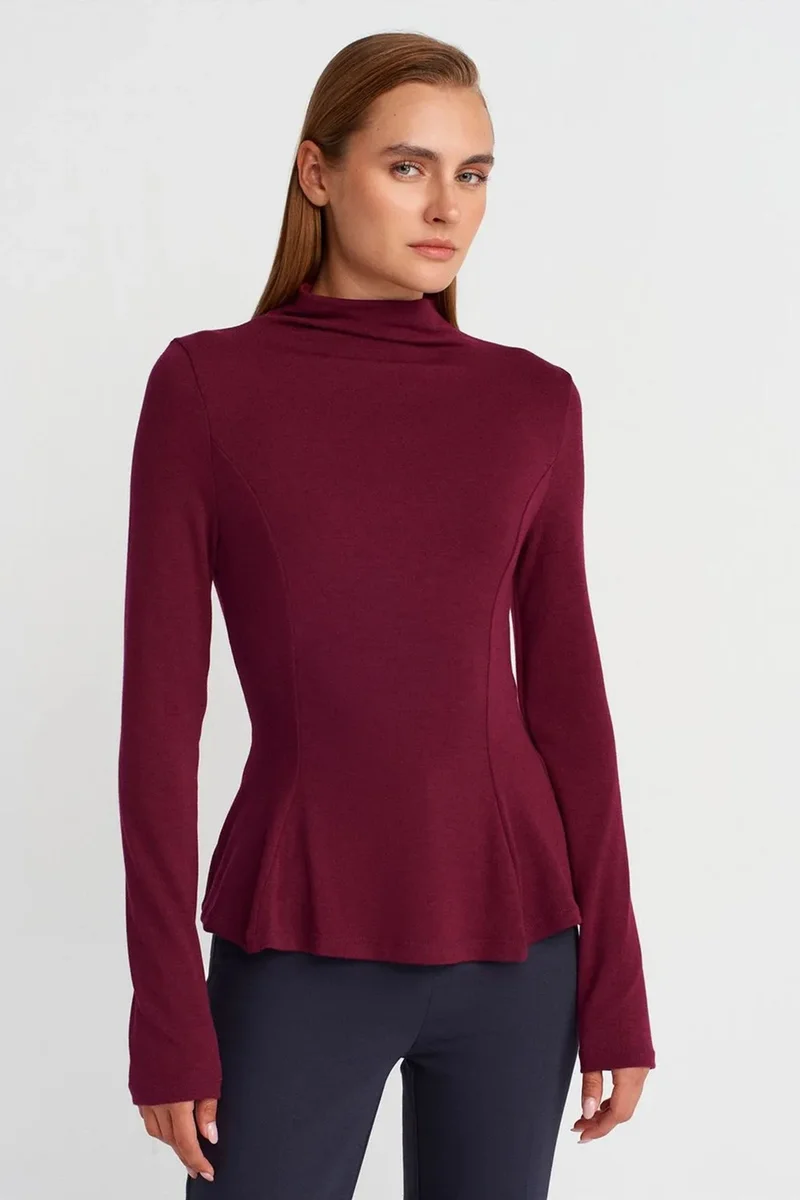 DILVIN Fitted Half-Turtleneck Peplum Blouse