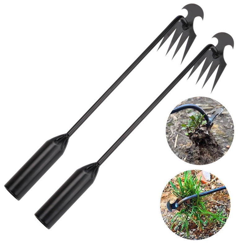 WMM Weed Puller Tool Gardening Tools Set of 2 Uprooting Weed Pulling Tool, 4 Teeth Manganese Steel Forged Weeding Tool for Vegetable, Portable Hand Weeder Tool for Garden Farm Planting Weeding - Image 1