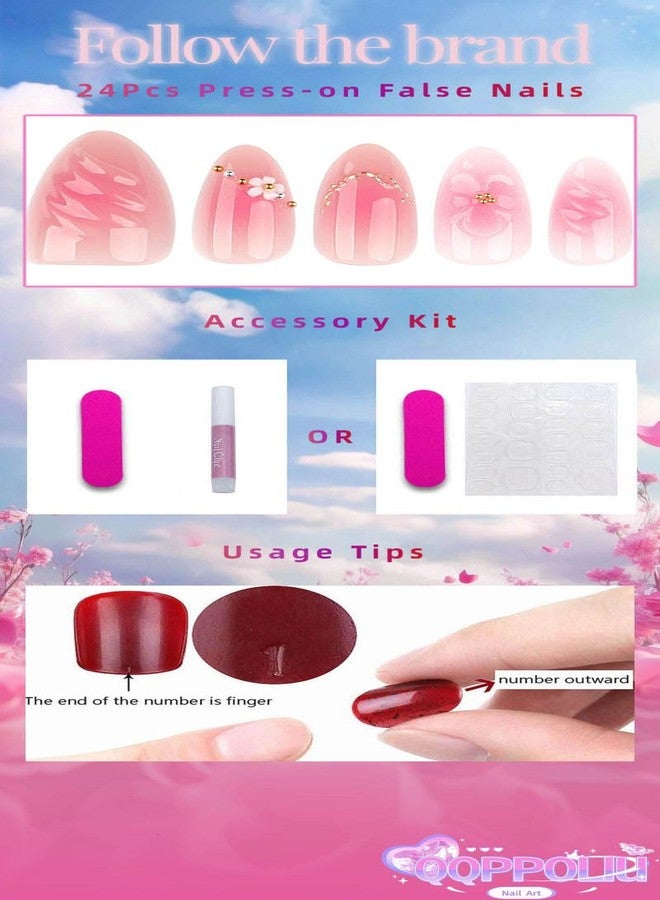 QQPPOLIU Pink Press on Nails Short Almond False Nails With Flower and 3d Coats Design for Girls Spring Nail 24pcs - Image 3