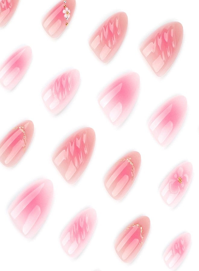QQPPOLIU Pink Press on Nails Short Almond False Nails With Flower and 3d Coats Design for Girls Spring Nail 24pcs - Image 2