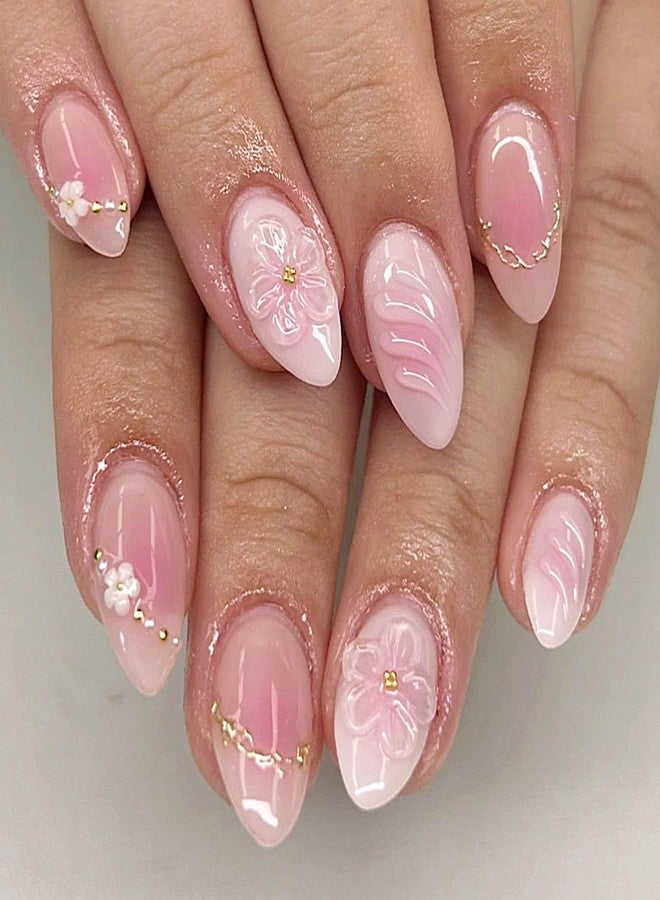 QQPPOLIU Pink Press on Nails Short Almond False Nails With Flower and 3d Coats Design for Girls Spring Nail 24pcs - Image 1