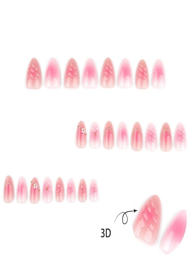 QQPPOLIU Pink Press on Nails Short Almond False Nails With Flower and 3d Coats Design for Girls Spring Nail 24pcs - Image 4