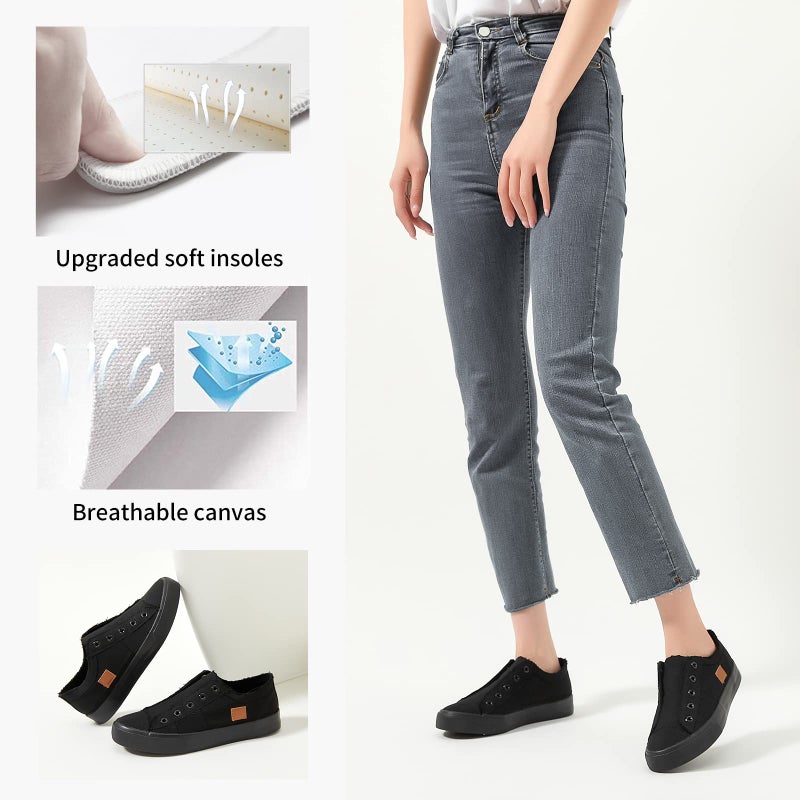 XRH Women's Slip on Shoes Non Slip Fashion Canvas Sneakers Low Top Casual Shoes(Black Mono,US8.5) - Image 4