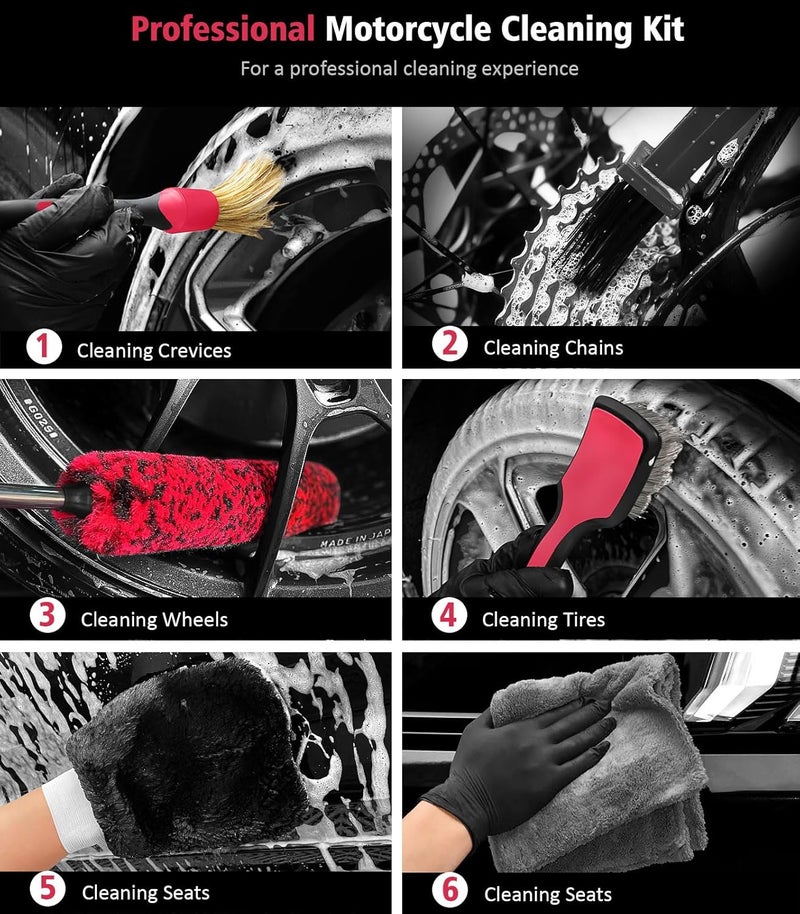 YeewayVeh 6 Pack Motorcycle Cleaning Brush Kit,Soft & Scratch-Free Wheel Rim Deep Cleanning Brushes, Tire Brush and Detailing Brush for Cleaning Motorcycle Mudguard, Rims, Exhaust, Frame, Red - Image 2