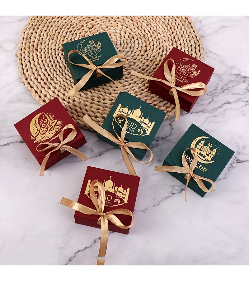 10 Eid Mubarak Ramadan Blessing Gift Boxes Set Of 3 Red Paper Chocolate Candy Gift Boxes With Ribbon For Party Supplies Decorations - Image 1