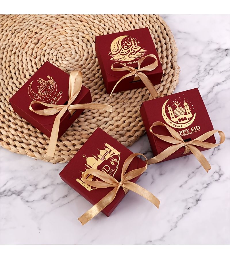 10 Eid Mubarak Ramadan Blessing Gift Boxes Set Of 3 Red Paper Chocolate Candy Gift Boxes With Ribbon For Party Supplies Decorations - Image 5