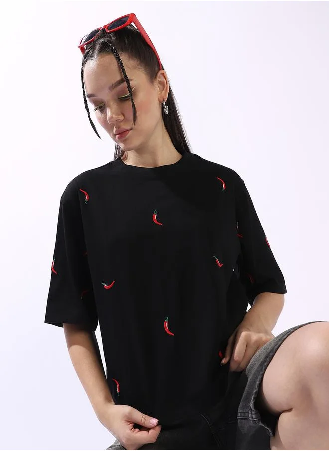 Hubberholme Women's Black 100% Cotton Embroidered Oversized T-Shirt
