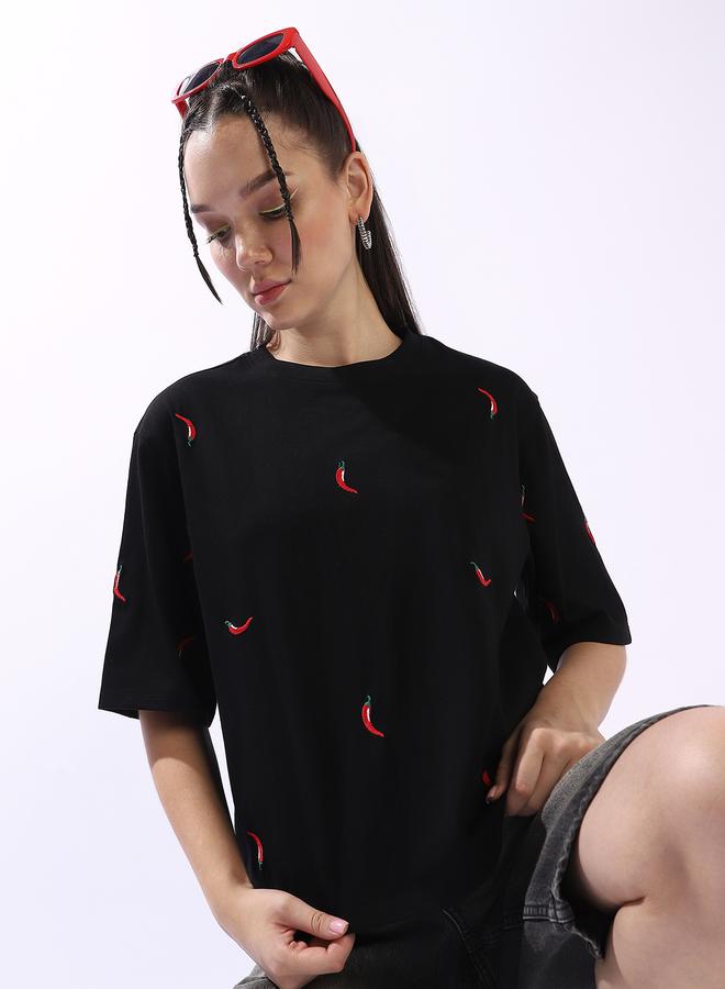Hubberholme Women's Black 100% Cotton Embroidered Oversized T-Shirt - Image 1