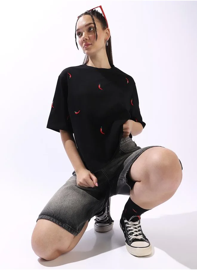 Hubberholme Women's Black 100% Cotton Embroidered Oversized T-Shirt