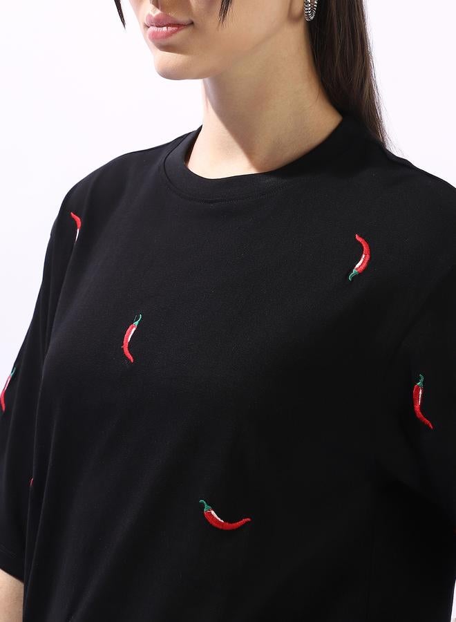 Hubberholme Women's Black 100% Cotton Embroidered Oversized T-Shirt - Image 5