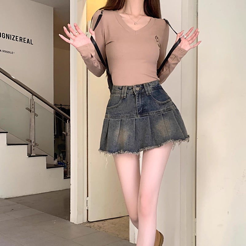 Girl Retro Distressed Pleated Denim Skirt Women'S Summer High-Waist Slimming Look A-Line Anti-Exposure Hip-Covering Short Skirt Trendy - Image 3