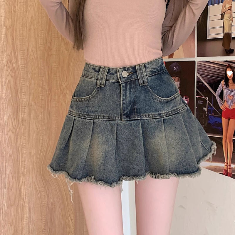 Girl Retro Distressed Pleated Denim Skirt Women'S Summer High-Waist Slimming Look A-Line Anti-Exposure Hip-Covering Short Skirt Trendy - Image 4