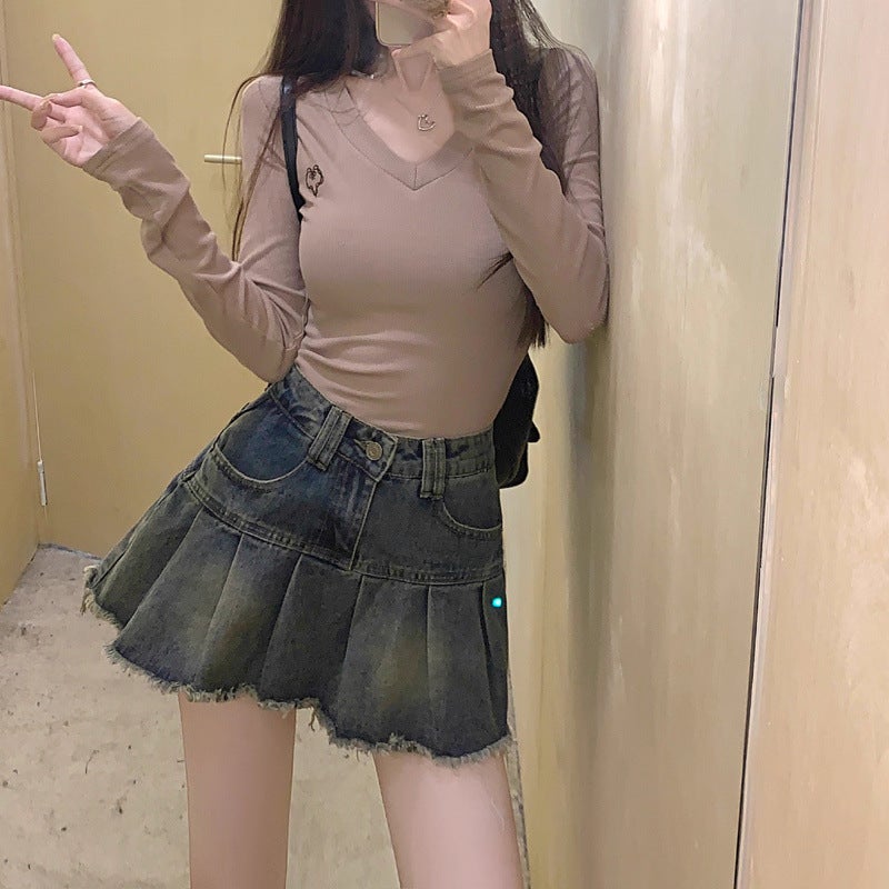 Girl Retro Distressed Pleated Denim Skirt Women'S Summer High-Waist Slimming Look A-Line Anti-Exposure Hip-Covering Short Skirt Trendy - Image 5
