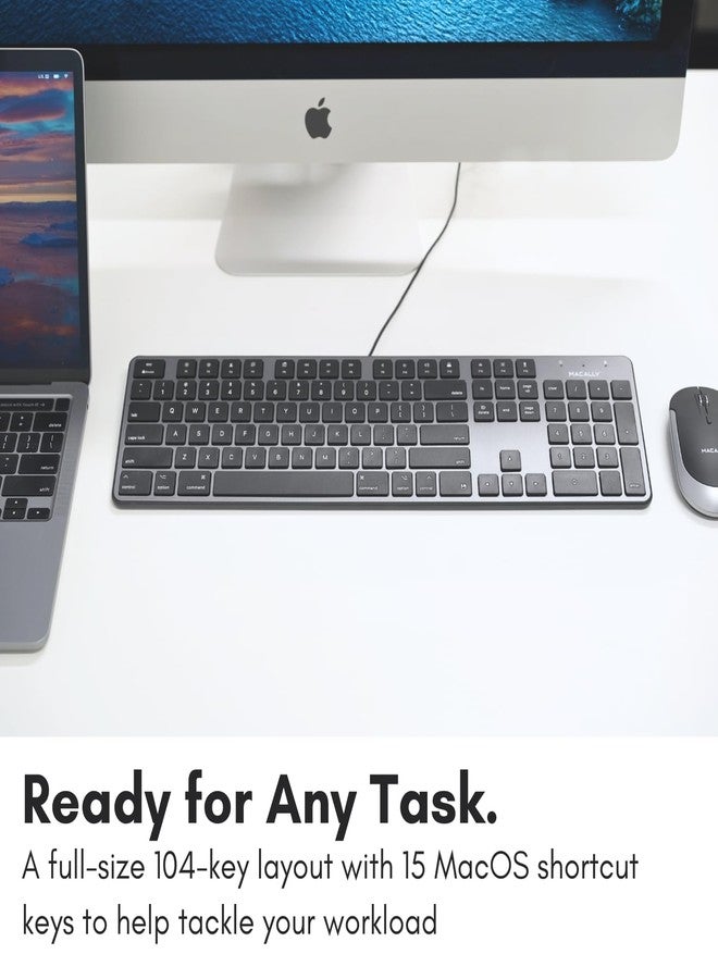 Macally Slim USB Wired Keyboard for Mac - Full Size 104 Key Layout & 16 Shortcut Keys - Scissor Keycaps for Tactile Typing - Wired Keyboard with Numeric Keypad - Plug and Play Keyboard - Space Gray - Image 4