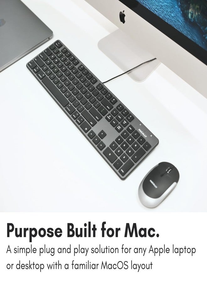 Macally Slim USB Wired Keyboard for Mac - Full Size 104 Key Layout & 16 Shortcut Keys - Scissor Keycaps for Tactile Typing - Wired Keyboard with Numeric Keypad - Plug and Play Keyboard - Space Gray - Image 2
