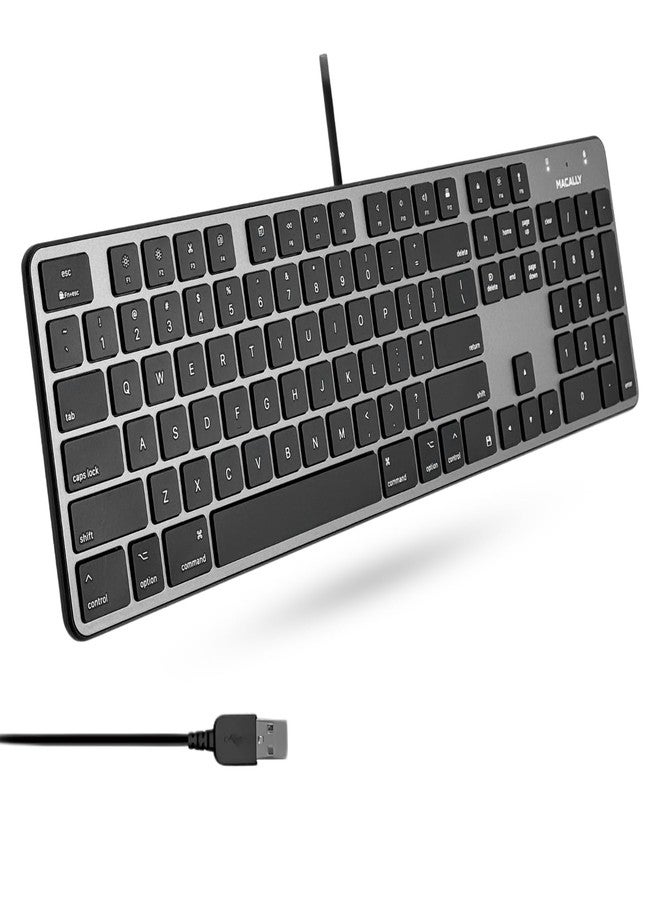 Macally Slim USB Wired Keyboard for Mac - Full Size 104 Key Layout & 16 Shortcut Keys - Scissor Keycaps for Tactile Typing - Wired Keyboard with Numeric Keypad - Plug and Play Keyboard - Space Gray - Image 1