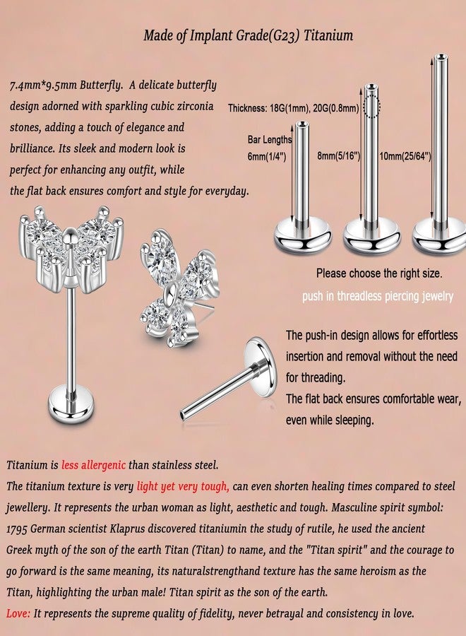 Lantine 18g Butterfly Cz Threadless Push in Nose Rings Studs Implant Grade Titanium 6mm Flat Back Stud Earrings Lip Labret Medusa Monroe Helix Daith Cartilage Tragus Lobe Piercing Jewelry - Image 5