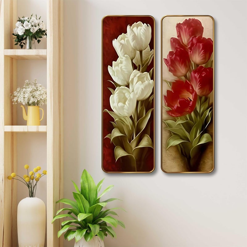 SAF Red & White Tulip Set of 2 Vertical MDF Wall Panels | Premium Sparkle Lamination Finish | Elegant Floral Art Wall Décor for Living Room & Bedroom (12 x 18 Inch) AS-03 - Image 1