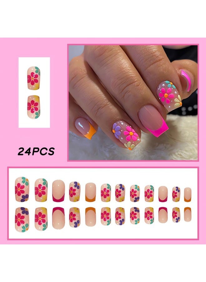 OCOUYVD French Tip Press On Nails - Square, Short, Pink False Nails with Floral Designs, Glossy Acrylic Finish - Spring/Summer Collection - Image 2