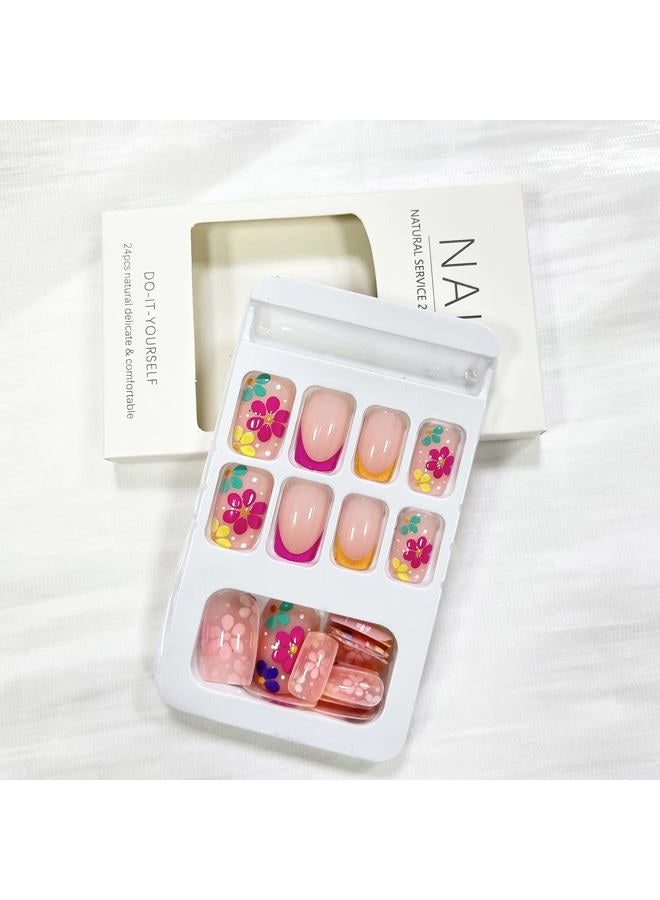OCOUYVD French Tip Press On Nails - Square, Short, Pink False Nails with Floral Designs, Glossy Acrylic Finish - Spring/Summer Collection - Image 3