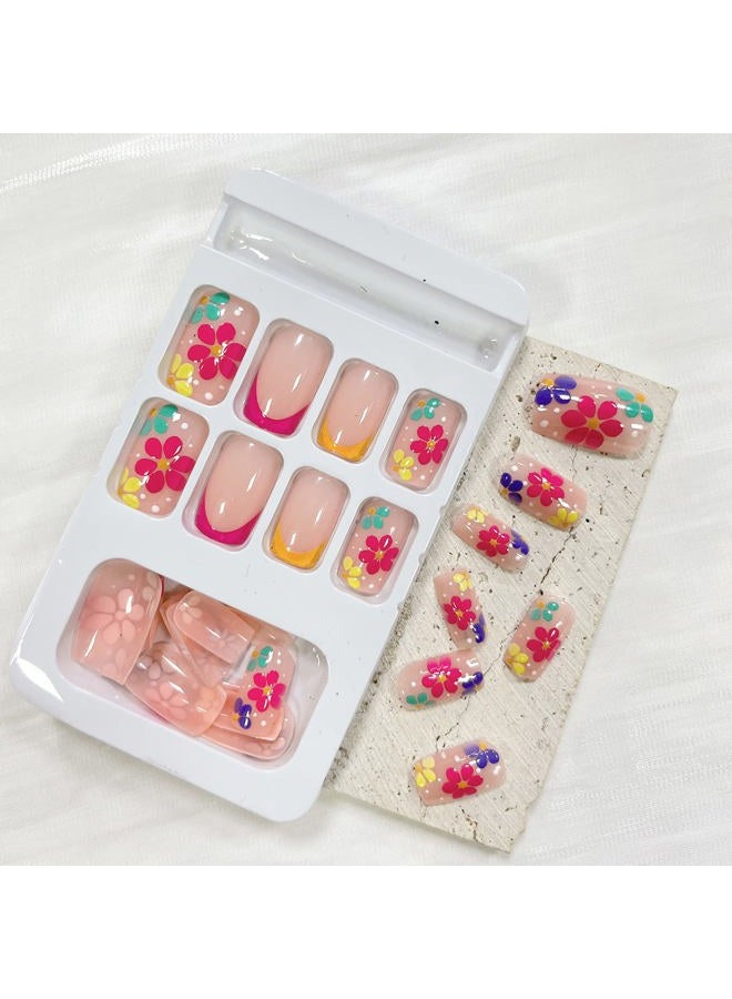 OCOUYVD French Tip Press On Nails - Square, Short, Pink False Nails with Floral Designs, Glossy Acrylic Finish - Spring/Summer Collection - Image 5