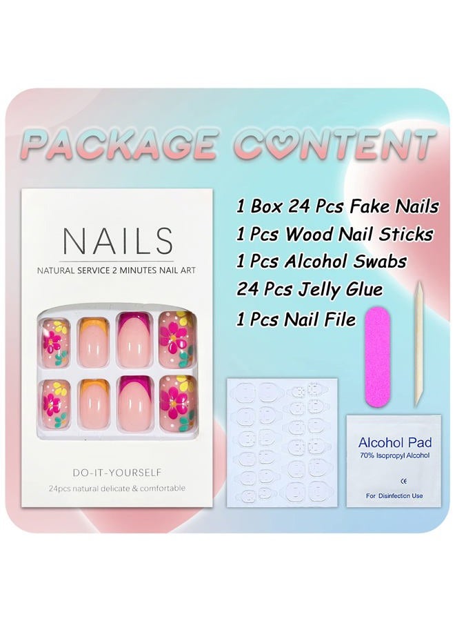 OCOUYVD French Tip Press On Nails - Square, Short, Pink False Nails with Floral Designs, Glossy Acrylic Finish - Spring/Summer Collection - Image 4