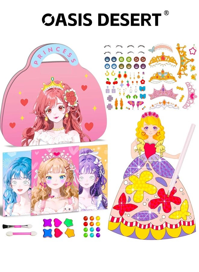 صحراء الواحة 3-In-1 Art Craft Activity for Kids, Paper Cits -Paper Makeup Girls DIY Toy Kit with Diamond Painting and Princess Dress Up Set هدية عيد ميلاد للفتيات - Image 1