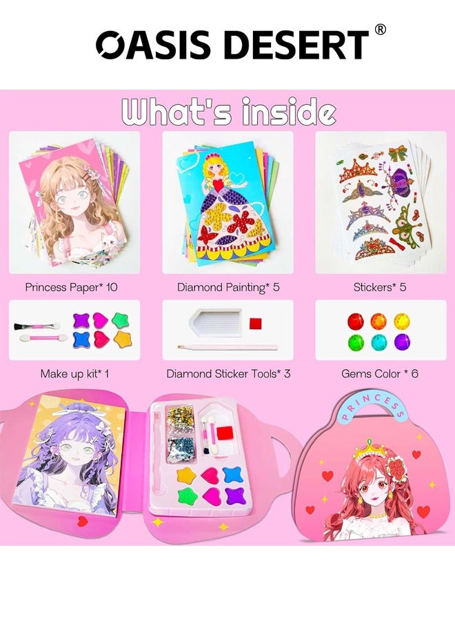 صحراء الواحة 3-In-1 Art Craft Activity for Kids, Paper Cits -Paper Makeup Girls DIY Toy Kit with Diamond Painting and Princess Dress Up Set هدية عيد ميلاد للفتيات - Image 2