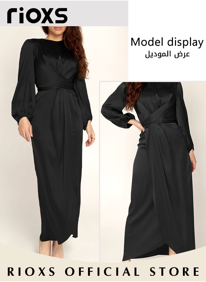 RIOXS Women's Satin Maxi Dress, Classic Chic Round-neck Dress with Crossover Strap Design at the Waist, Zipper on the Back and Lantern Sleeves, Fashionable Soft High Waist Long Dress, Perfect Dress for Casual, Wedding, Party and Daily Life  - Image 2