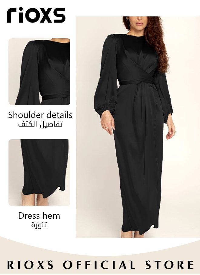 RIOXS Women's Satin Maxi Dress, Classic Chic Round-neck Dress with Crossover Strap Design at the Waist, Zipper on the Back and Lantern Sleeves, Fashionable Soft High Waist Long Dress, Perfect Dress for Casual, Wedding, Party and Daily Life  - Image 3