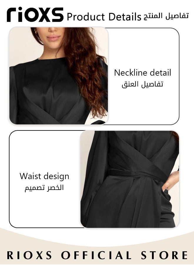 RIOXS Women's Satin Maxi Dress, Classic Chic Round-neck Dress with Crossover Strap Design at the Waist, Zipper on the Back and Lantern Sleeves, Fashionable Soft High Waist Long Dress, Perfect Dress for Casual, Wedding, Party and Daily Life  - Image 4