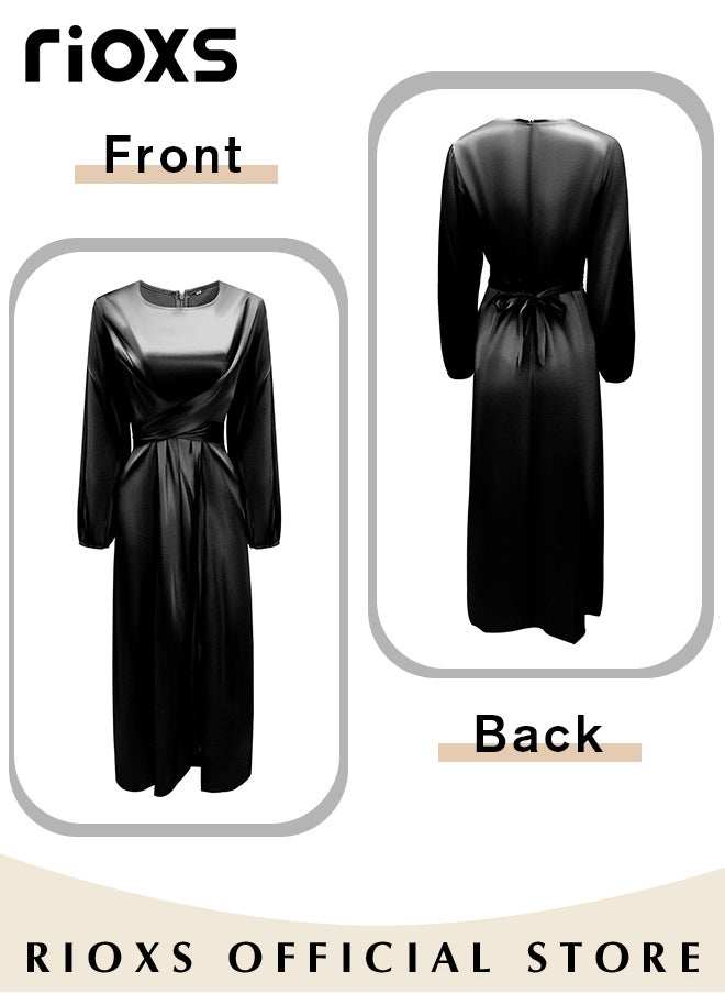 RIOXS Women's Satin Maxi Dress, Classic Chic Round-neck Dress with Crossover Strap Design at the Waist, Zipper on the Back and Lantern Sleeves, Fashionable Soft High Waist Long Dress, Perfect Dress for Casual, Wedding, Party and Daily Life  - Image 5
