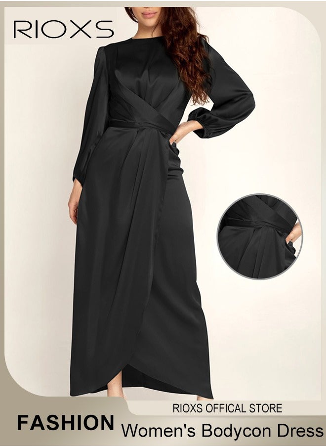 RIOXS Women's Satin Maxi Dress, Classic Chic Round-neck Dress with Crossover Strap Design at the Waist, Zipper on the Back and Lantern Sleeves, Fashionable Soft High Waist Long Dress, Perfect Dress for Casual, Wedding, Party and Daily Life  - Image 1