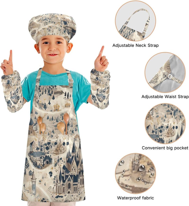 Kid Chef Costume Comfy Boho Fantasy City Map Kids Apron Chef Hat Set for Cooking Baking 3-12 Years Old - Image 4