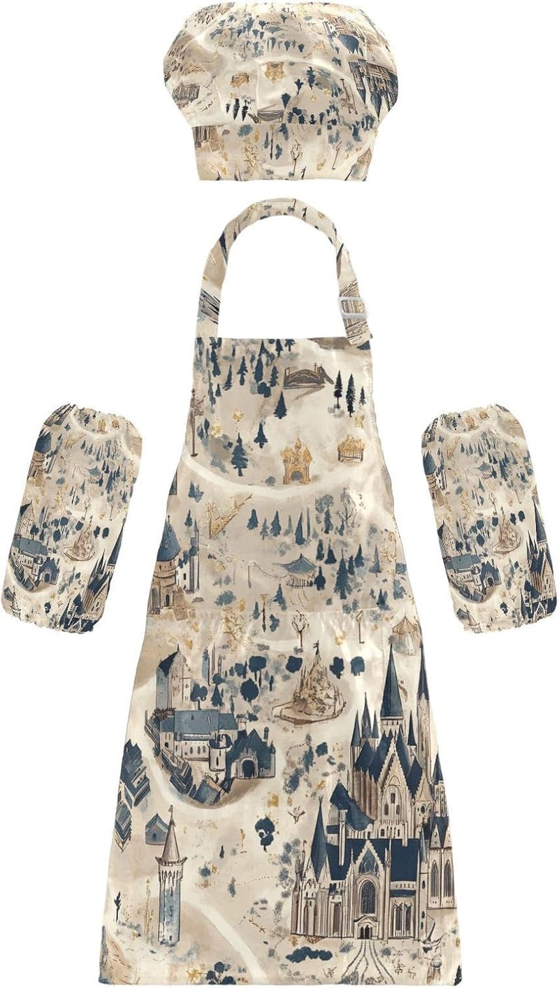 Kid Chef Costume Comfy Boho Fantasy City Map Kids Apron Chef Hat Set for Cooking Baking 3-12 Years Old - Image 1
